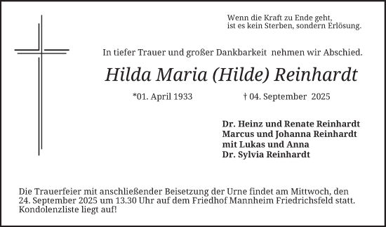 Traueranzeige von Hilda Maria Reinhardt von Mannheimer Morgen