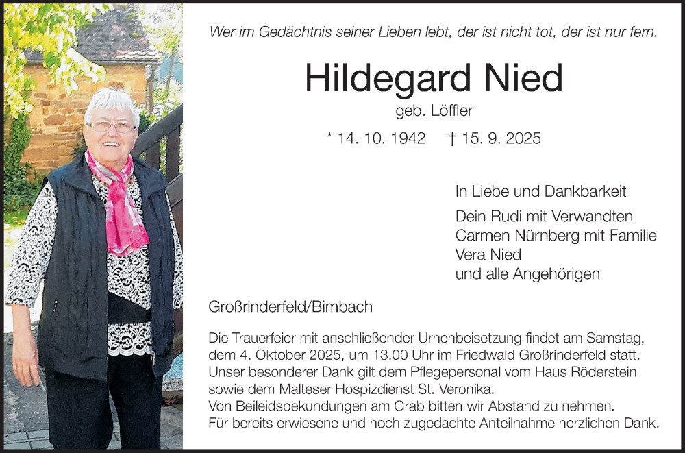  Traueranzeige für Hildegard Nied vom 27.09.2025 aus Fränkische Nachrichten