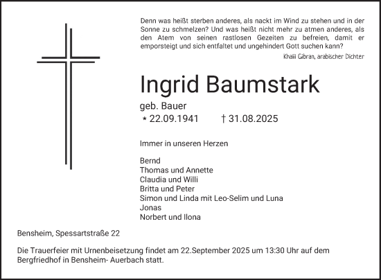 Traueranzeige von Ingrid Baumstark von Bergsträßer Anzeiger