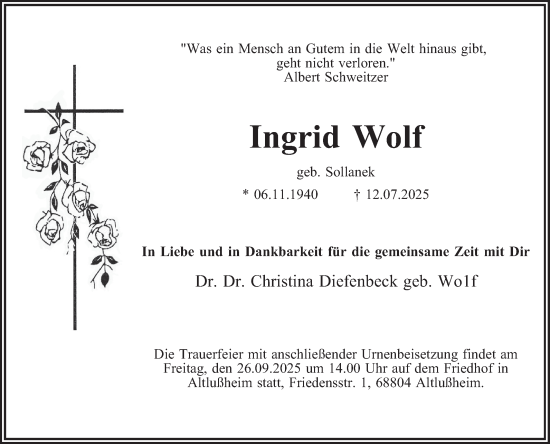 Traueranzeige von Ingrid Wolf von Schwetzinger Zeitung