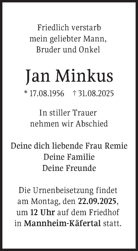  Traueranzeige für Jan Minkus vom 13.09.2025 aus Mannheimer Morgen