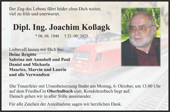 Traueranzeige von Joachim Koßagk von Fränkische Nachrichten