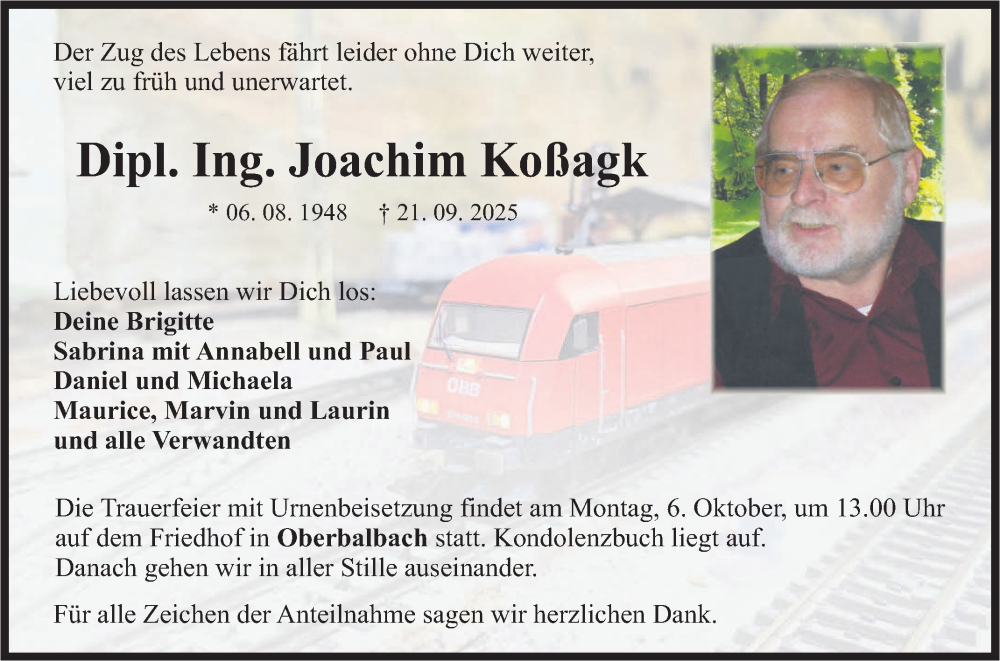  Traueranzeige für Joachim Koßagk vom 01.10.2025 aus Fränkische Nachrichten