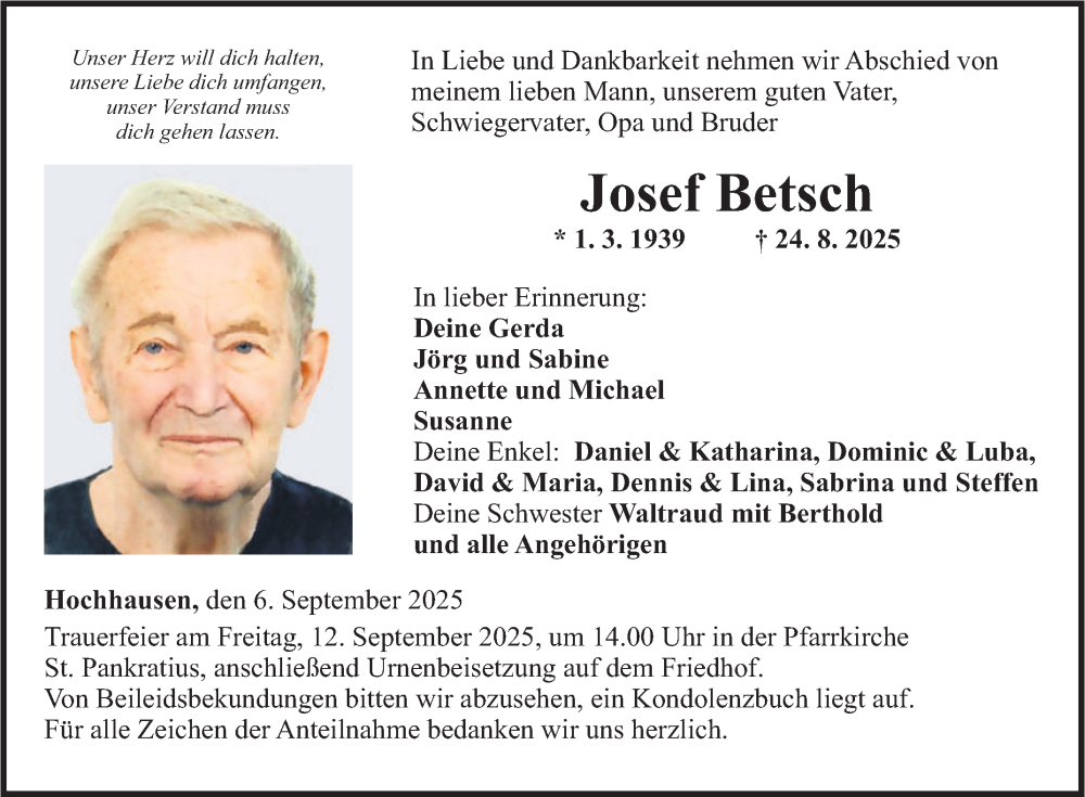 Traueranzeige für Josef Betsch vom 06.09.2025 aus Fränkische Nachrichten