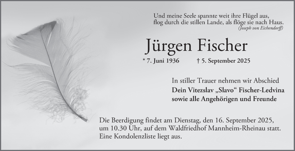  Traueranzeige für Jürgen Fischer vom 13.09.2025 aus Mannheimer Morgen