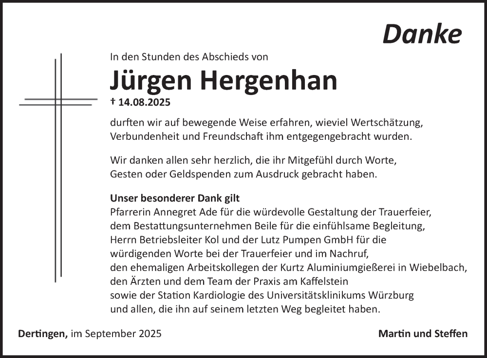  Traueranzeige für Jürgen Hergenhan vom 06.09.2025 aus Fränkische Nachrichten