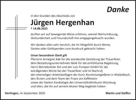 Traueranzeige von Jürgen Hergenhan von Fränkische Nachrichten