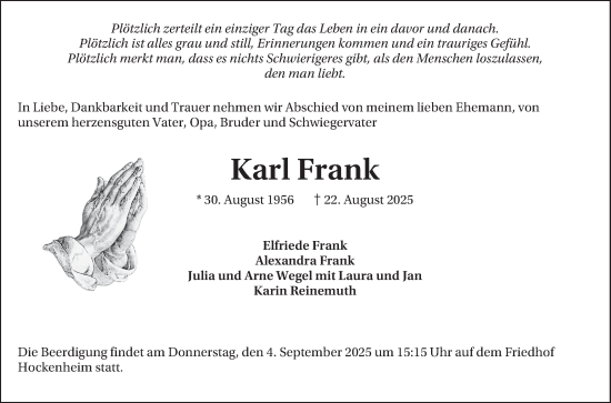 Traueranzeige von Karl Frank von Schwetzinger Zeitung