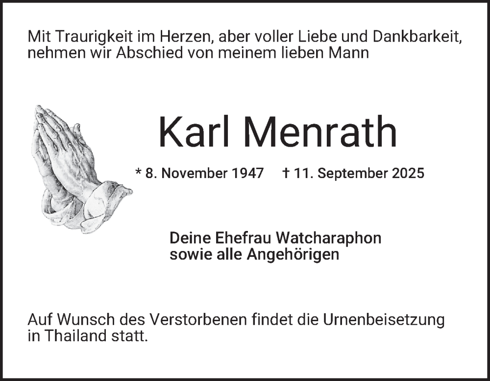  Traueranzeige für Karl Menrath vom 20.09.2025 aus Mannheimer Morgen