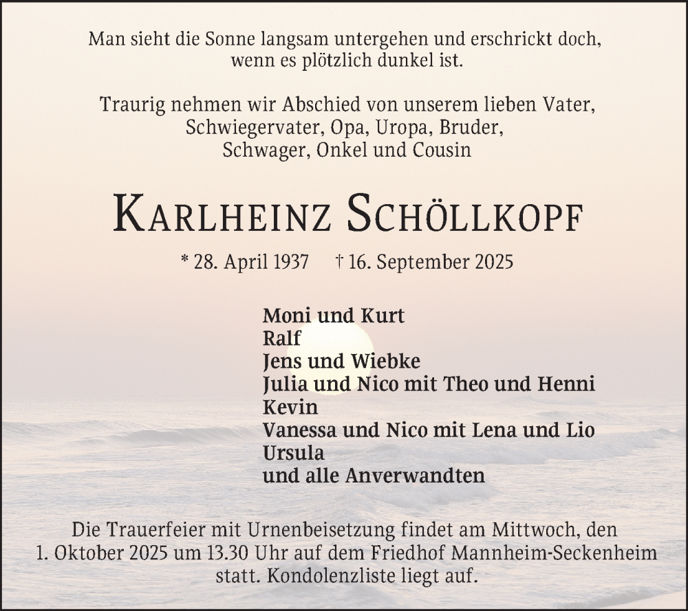  Traueranzeige für Karlheinz Schöllkopf vom 20.09.2025 aus Mannheimer Morgen