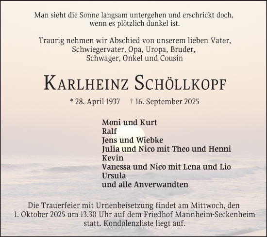 Traueranzeige von Karlheinz Schöllkopf von Mannheimer Morgen