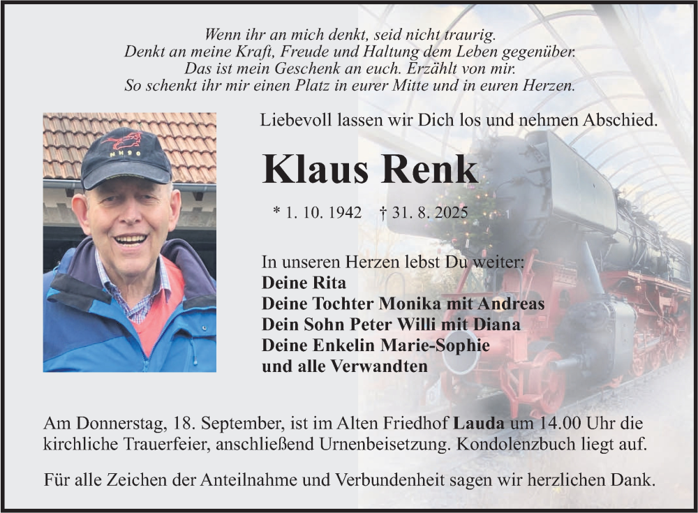  Traueranzeige für Klaus Renk vom 12.09.2025 aus Fränkische Nachrichten