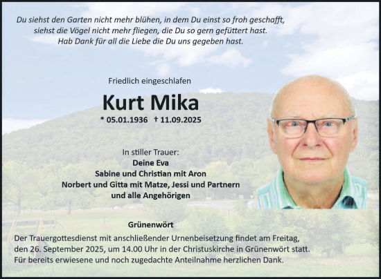 Traueranzeige von Kurt Mika von Fränkische Nachrichten