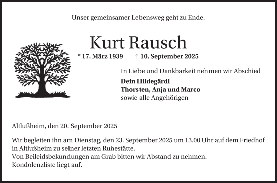 Traueranzeige von Kurt Rausch von Schwetzinger Zeitung