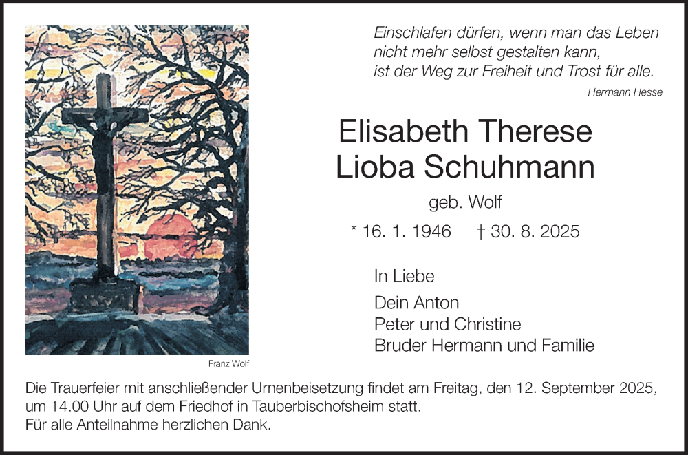  Traueranzeige für Lioba Schuhmann vom 10.09.2025 aus Fränkische Nachrichten