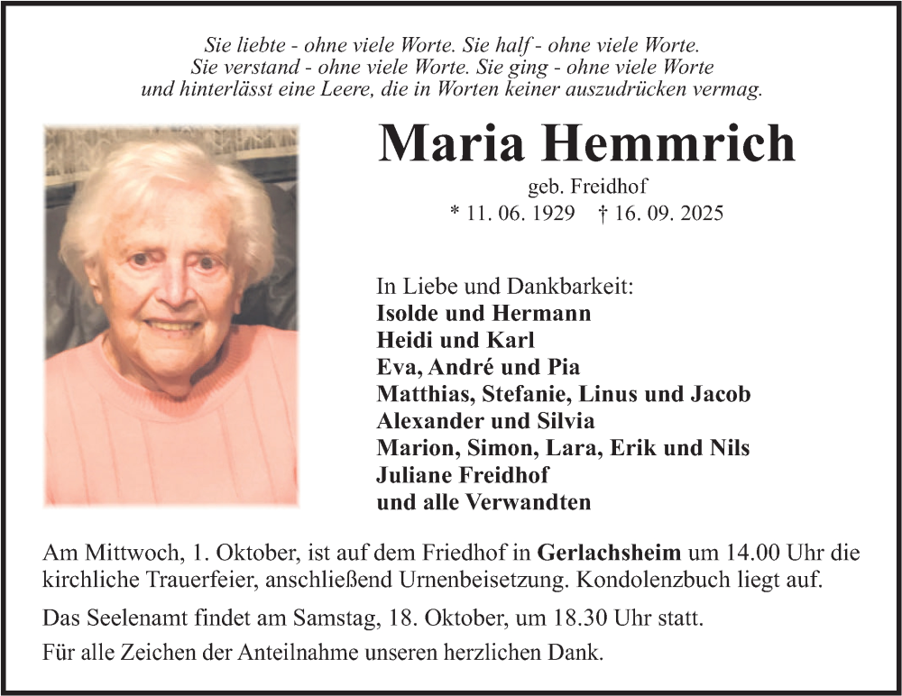  Traueranzeige für Maria Hemmrich vom 27.09.2025 aus Fränkische Nachrichten