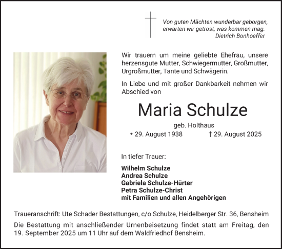 Traueranzeige von Maria Schulze von Bergsträßer Anzeiger