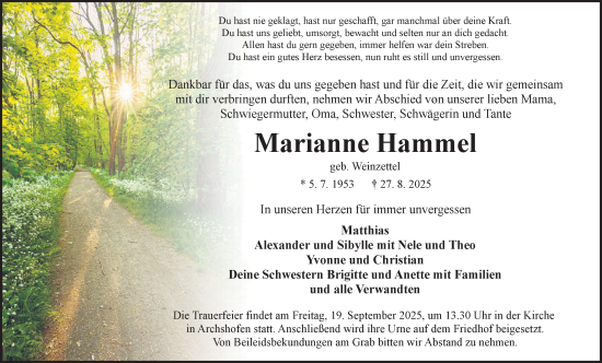Traueranzeige von Marianne Hammel von Fränkische Nachrichten
