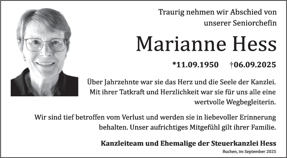  Traueranzeige für Marianne Hess vom 13.09.2025 aus Fränkische Nachrichten