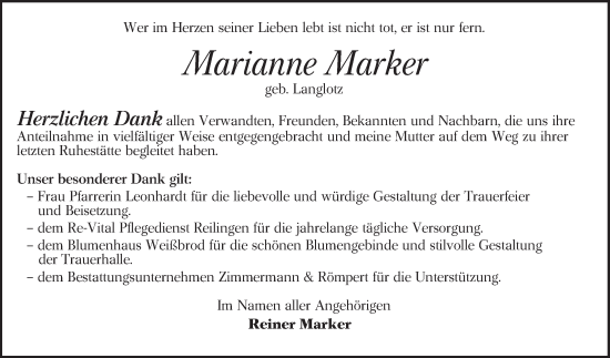 Traueranzeige von Marianne Marker von Schwetzinger Zeitung