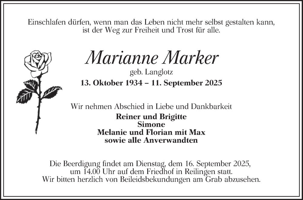  Traueranzeige für Marianne Marker vom 13.09.2025 aus Schwetzinger Zeitung