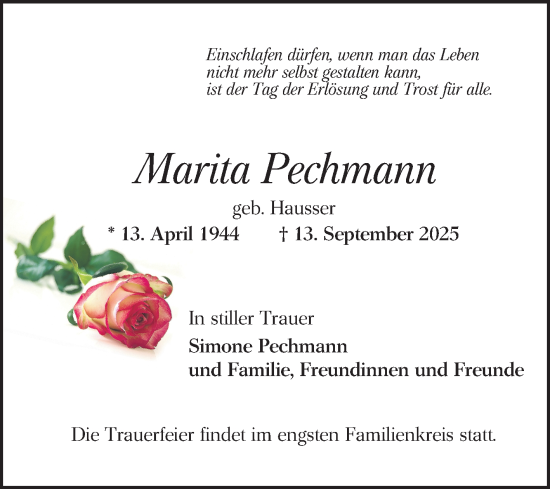Traueranzeige von Marita Pechmann von Mannheimer Morgen