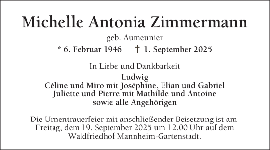 Traueranzeige von Michelle Antonia Zimmermann von Mannheimer Morgen