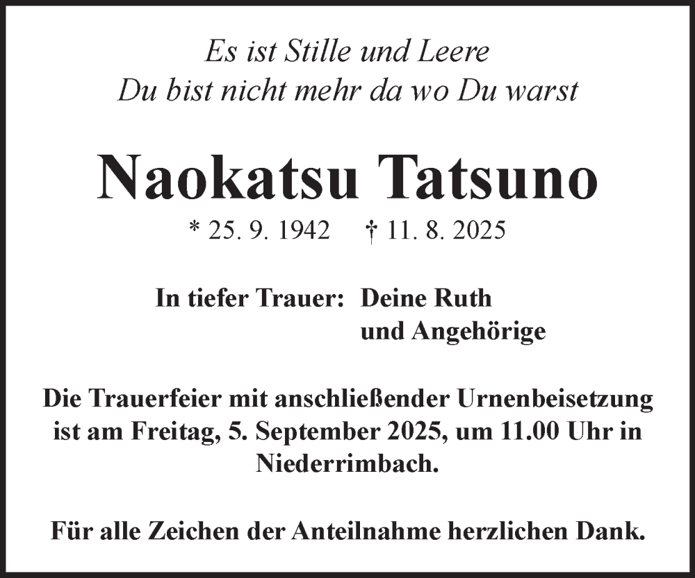  Traueranzeige für Naokatsu Tatsuno vom 03.09.2025 aus Fränkische Nachrichten