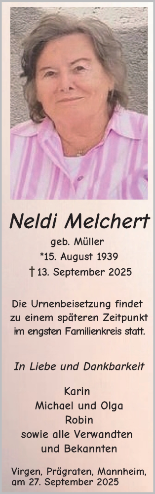 Traueranzeige von Neldi Melchert von Mannheimer Morgen