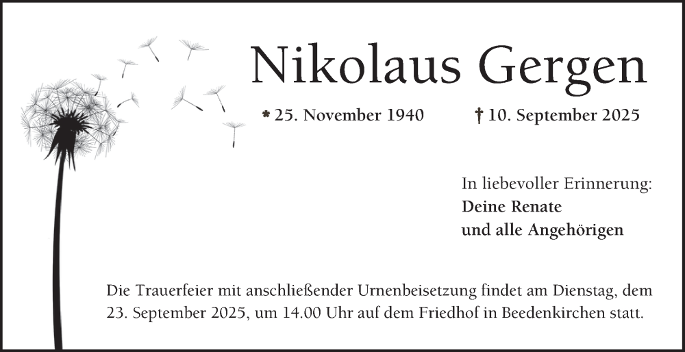  Traueranzeige für Nikolaus Gergen vom 20.09.2025 aus Bergsträßer Anzeiger