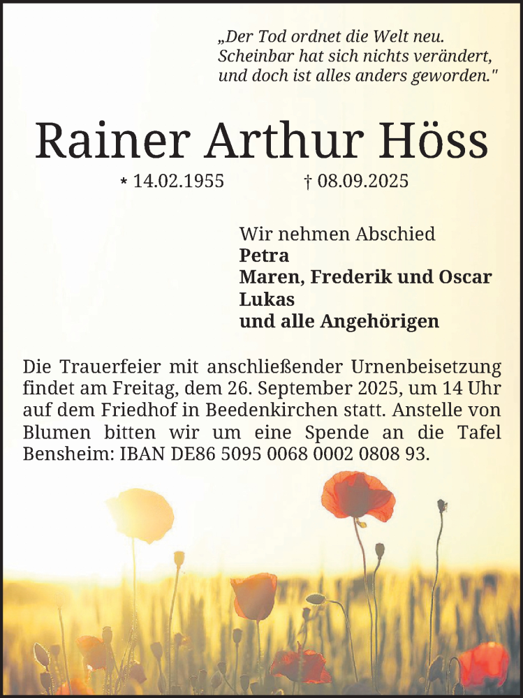  Traueranzeige für Rainer Arthur Höss vom 20.09.2025 aus Bergsträßer Anzeiger