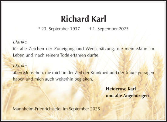 Traueranzeige von Richard Karl von Mannheimer Morgen
