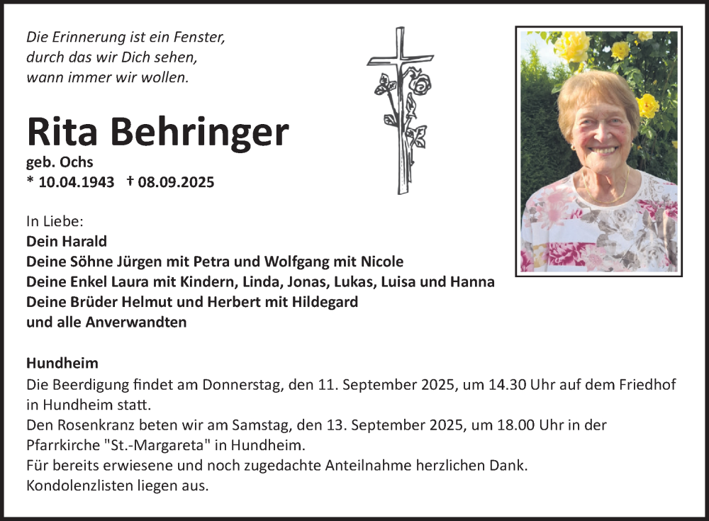  Traueranzeige für Rita Behringer vom 09.09.2025 aus Fränkische Nachrichten