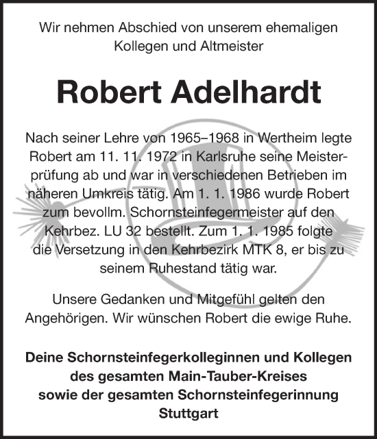 Traueranzeige von Robert Adelhardt von Fränkische Nachrichten