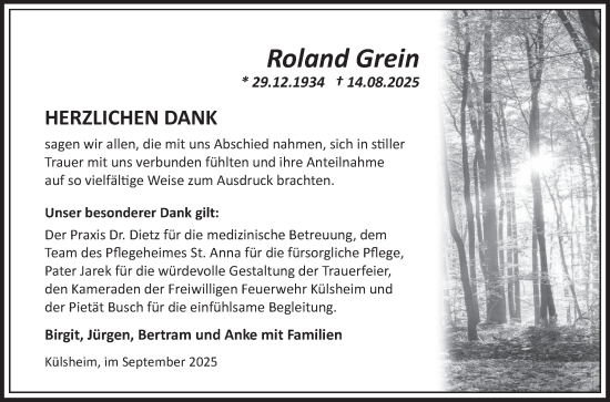 Traueranzeige von Roland Grein von Fränkische Nachrichten