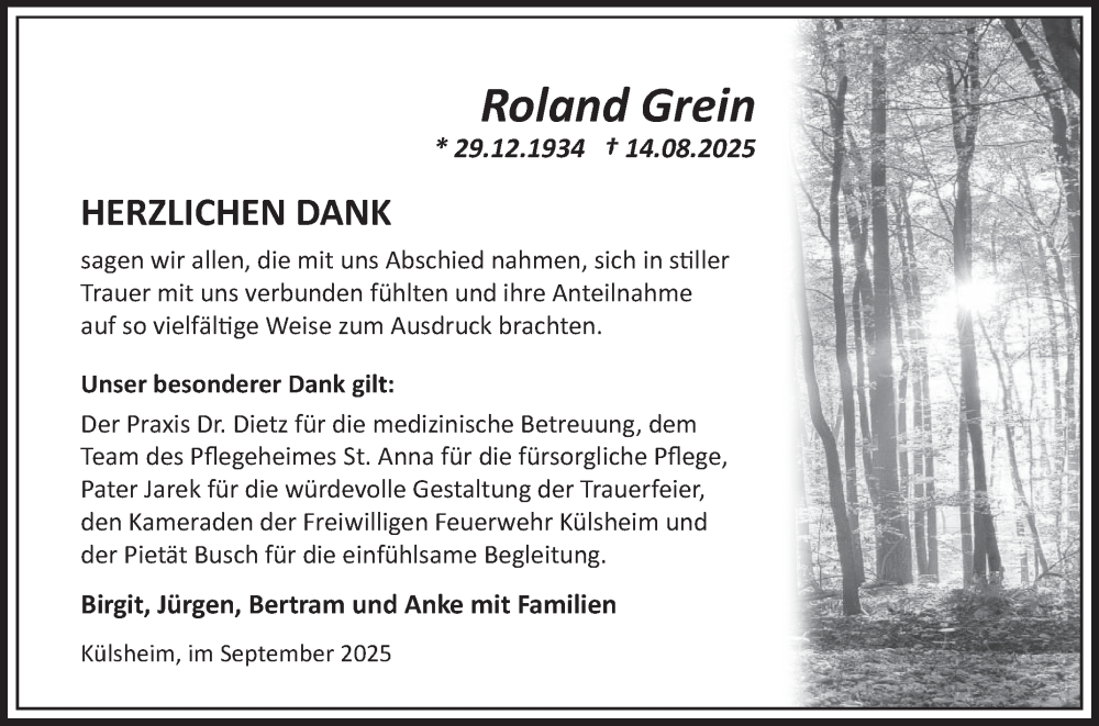  Traueranzeige für Roland Grein vom 06.09.2025 aus Fränkische Nachrichten