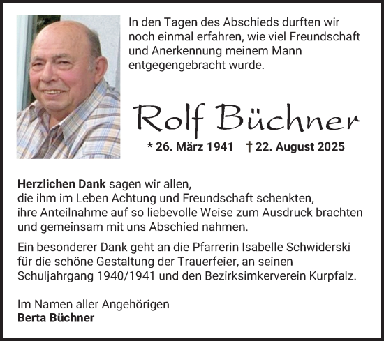Traueranzeige von Rolf Büchner von Schwetzinger Zeitung