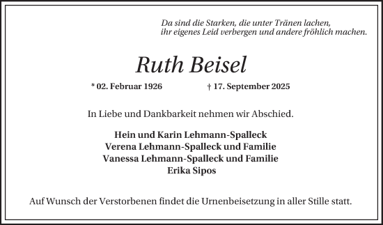 Traueranzeige von Ruth Beisel von Mannheimer Morgen