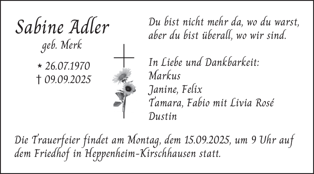  Traueranzeige für Sabine Adler vom 13.09.2025 aus Bergsträßer Anzeiger