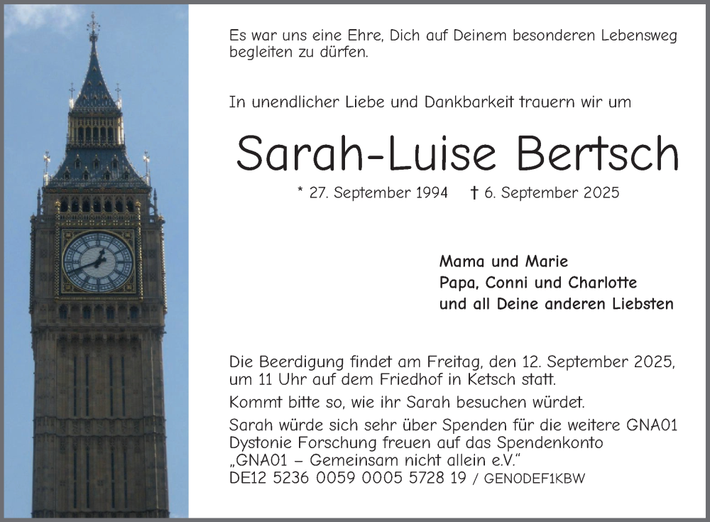  Traueranzeige für Sarah-Luise Bertsch vom 10.09.2025 aus Schwetzinger Zeitung