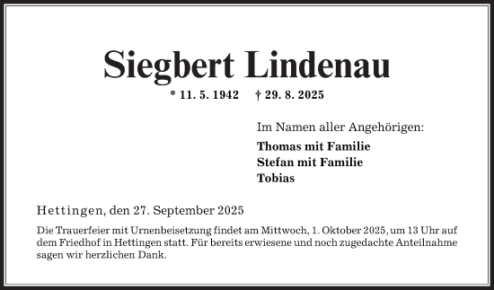 Traueranzeige von Siegbert Lindenau von Fränkische Nachrichten