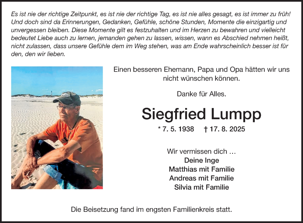 Traueranzeige für Siegfried Lumpp vom 06.09.2025 aus Fränkische Nachrichten