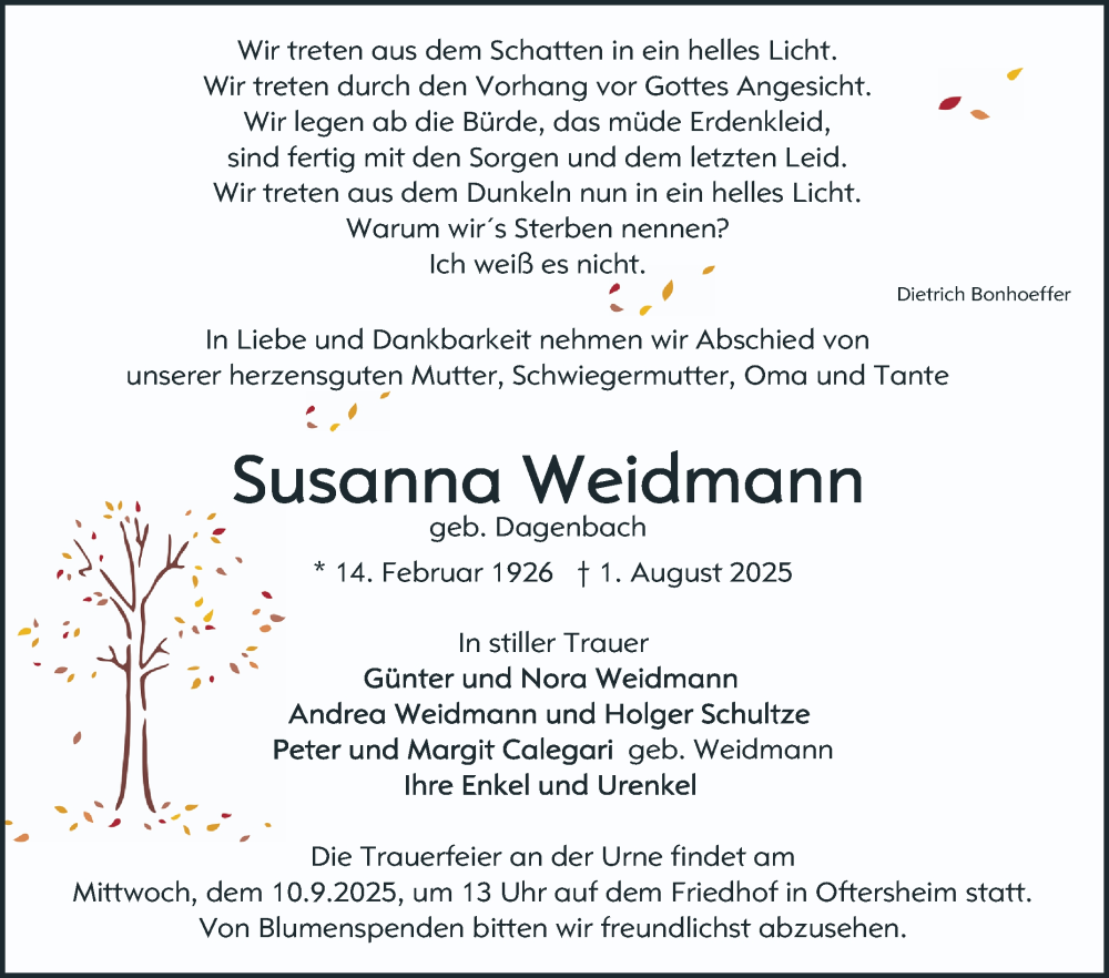  Traueranzeige für Susanna Weidmann vom 06.09.2025 aus Schwetzinger Zeitung