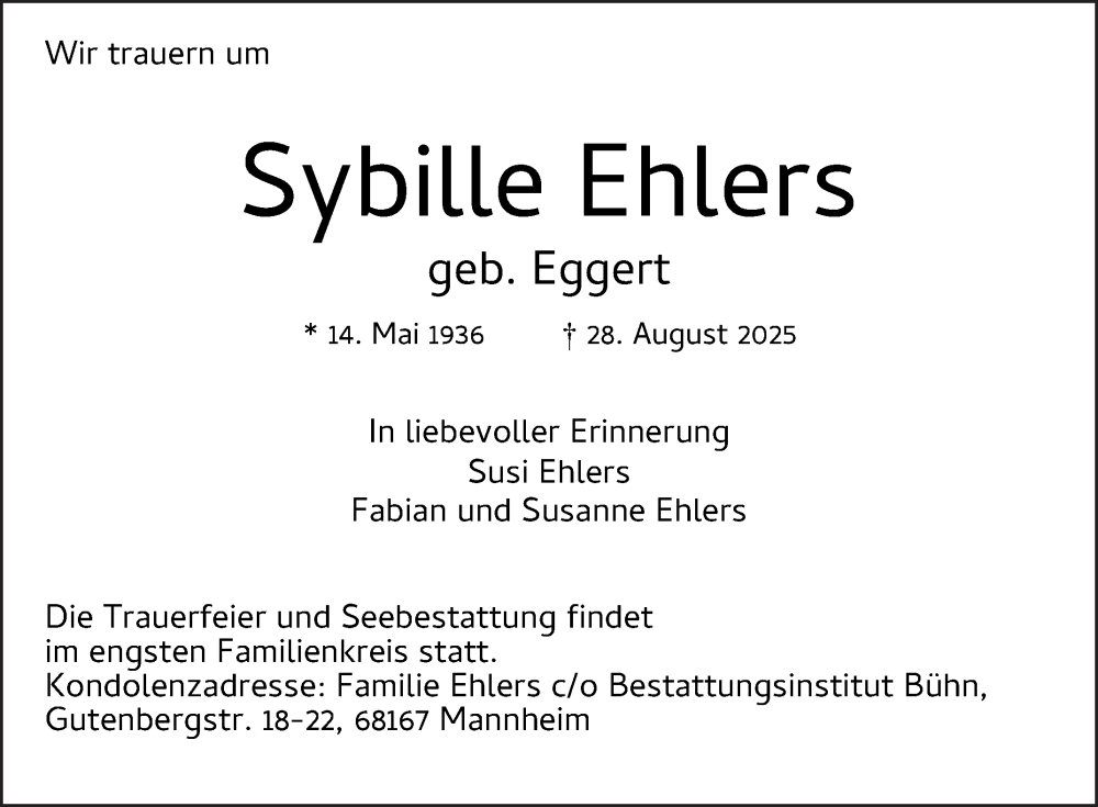  Traueranzeige für Sybille Ehlers vom 20.09.2025 aus Mannheimer Morgen