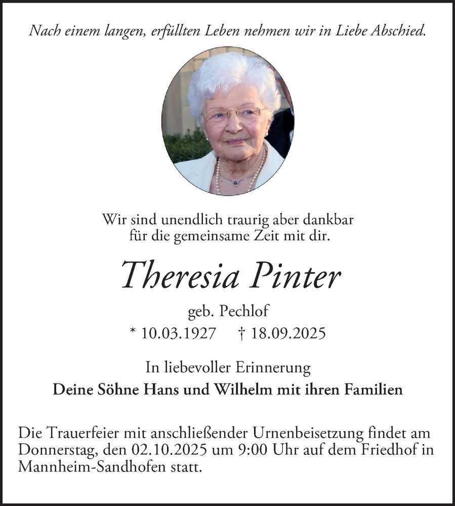 Traueranzeige für Theresia Pinter vom 01.10.2025 aus Mannheimer Morgen