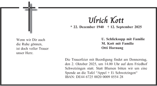Traueranzeige von Ulrich Kott von Schwetzinger Zeitung