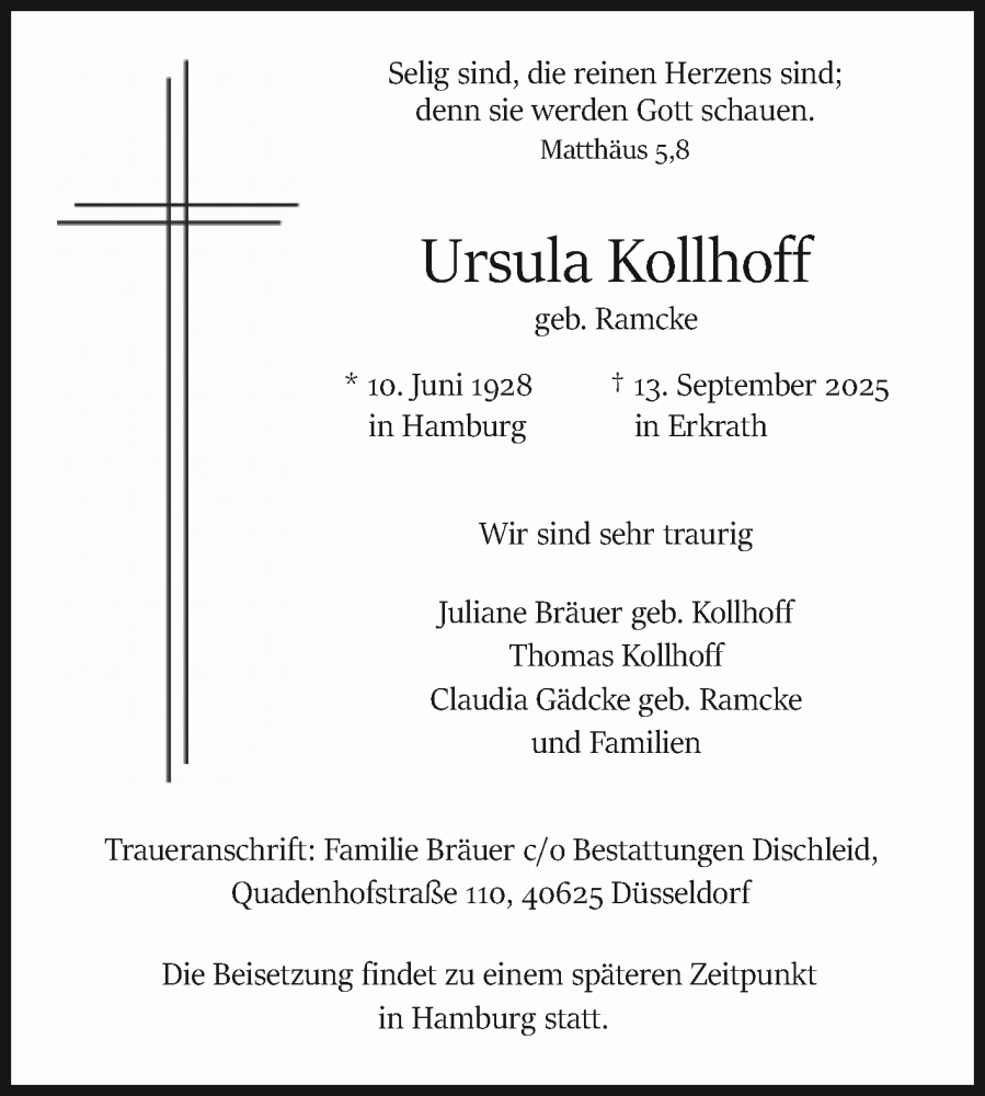  Traueranzeige für Ursula Kollhoff vom 20.09.2025 aus Mannheimer Morgen