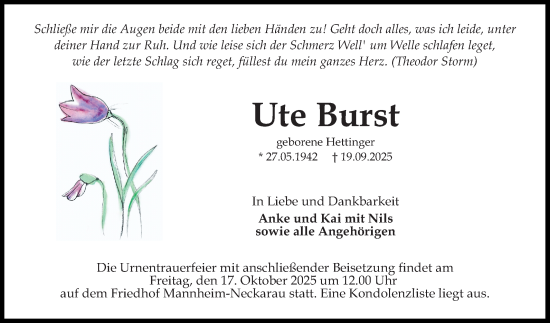 Traueranzeige von Ute Burst von Mannheimer Morgen