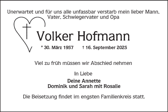 Traueranzeige von Volker Hofmann von Mannheimer Morgen
