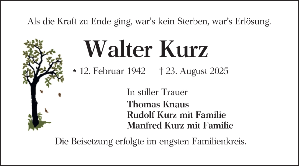  Traueranzeige für Walter Kurz vom 20.09.2025 aus Mannheimer Morgen